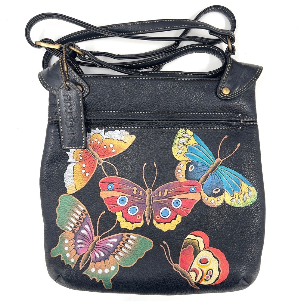 Anuschka Hand Painted Leather Crossbody Bag Black Butterfly Multicolor Boho Y2K